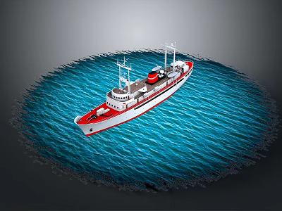 Aerial view of red and white ship on blue water with rippling waves 3d model