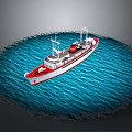 Aerial view of red and white ship on blue water with rippling waves