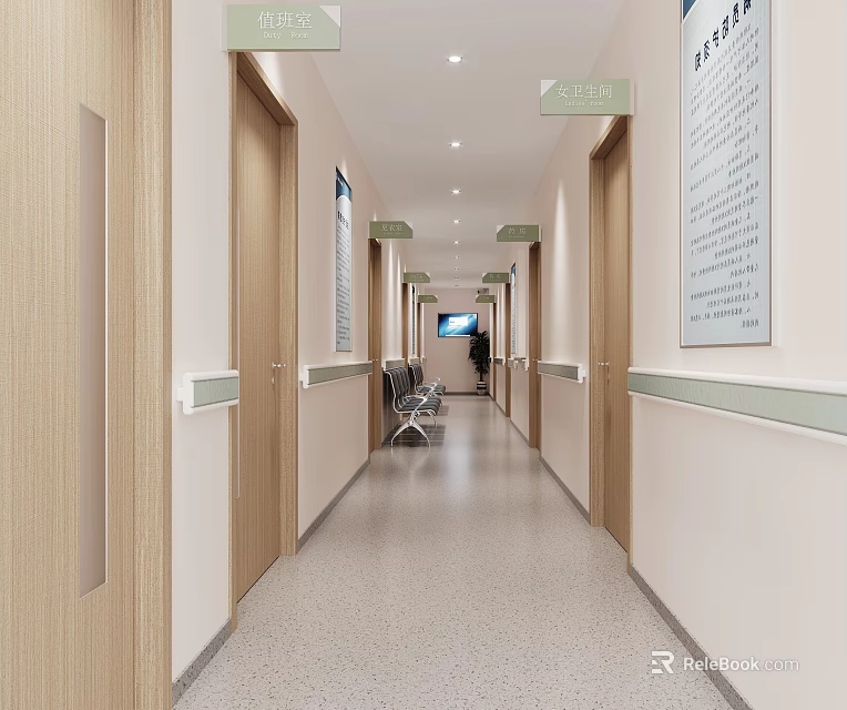 Bright Clean Elevator Hallway With Wooden Doors Wall Signs Seats And Smooth Floor 3d model 