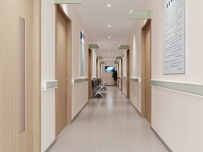 Bright Clean Elevator Hallway With Wooden Doors Wall Signs Seats And Smooth Floor 3d model
