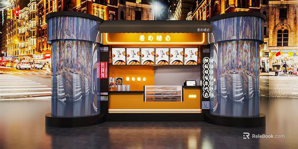 Mall Shop Featuring Spicy Snacks Neon Sign Glass Facade And Yellow Counter 3d model 