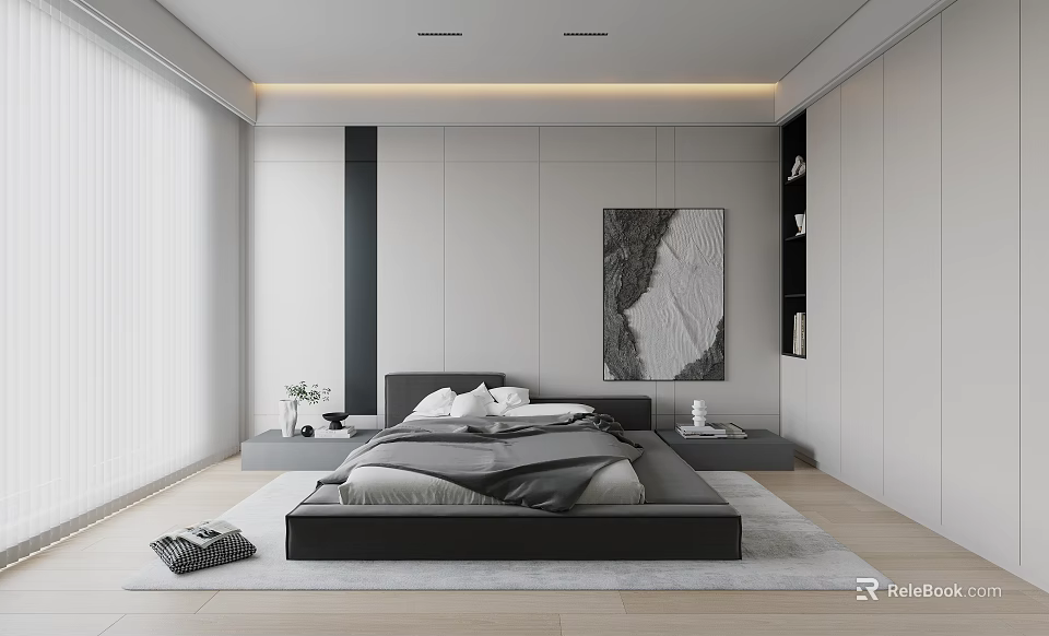 Modern Minimalist Bedroom Interior With Black Bed Gray Bedding White Curtains And Light Wood Flooring 3d model 