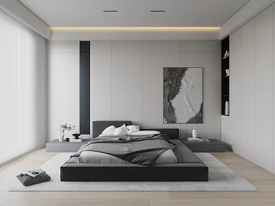 Modern Minimalist Bedroom Interior With Black Bed Gray Bedding White Curtains And Light Wood Flooring 3d model