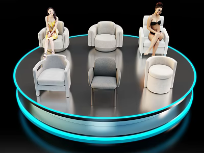 Modern Single Chairs Displayed on Circular Platform with Female Models 3d model