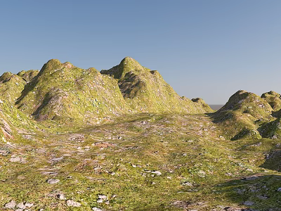 Lush Green Garden Landscape With Rolling Hills Grass Moss And Blue Sky 3d model