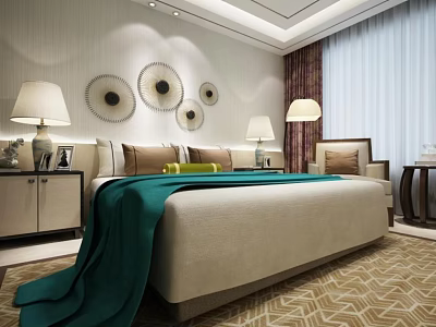 Double Bed with Green Blanket Beige Bedding Table Lamps Decorative Wall Art in Modern Bedroom 3d model