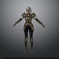 Woman In Golden Ornate Armor With Silver Hair On Gray Background
