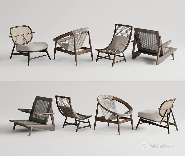 Modern Leisure Chairs With Wooden Frames And Woven Details In Various Styles 3d model 