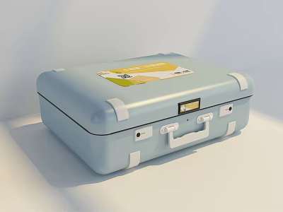 Light Blue Suitcase with White Trim Yellow Label White Handle and Locks 3d model