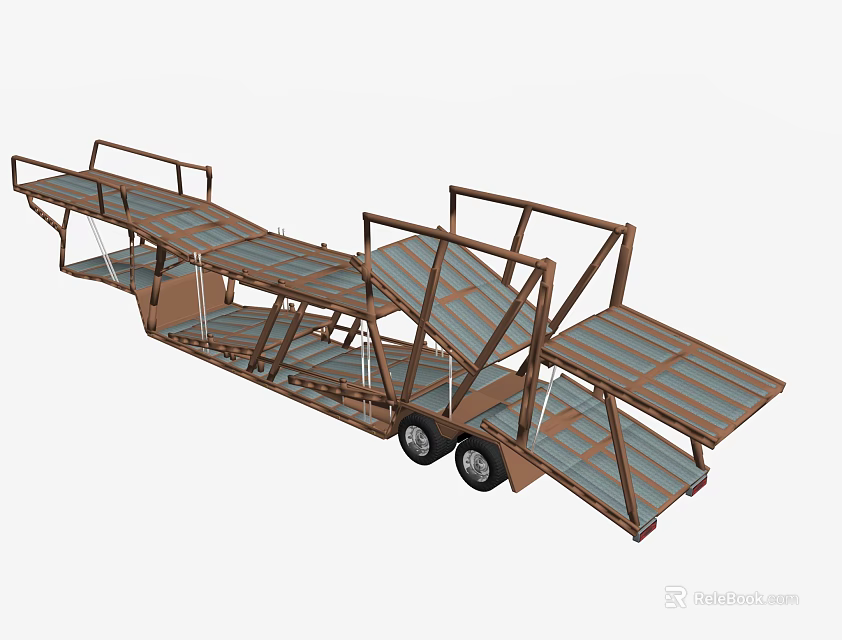 Multi Level Car Transport Trailer With Metal Frame And Wheels Structure 3d model