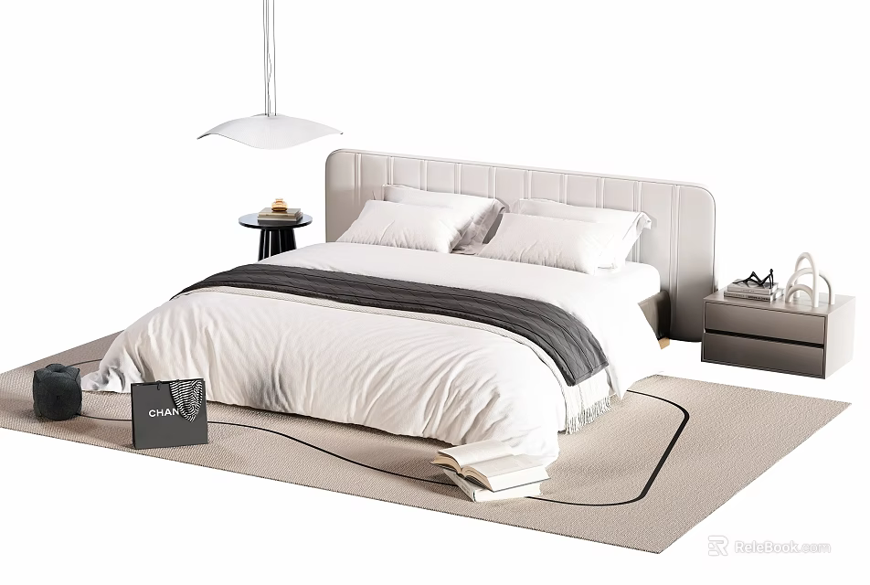 Modern Double Bed With Upholstered Headboard White Bedding Gray Throw Bedside Tables And Pendant Light 3d model