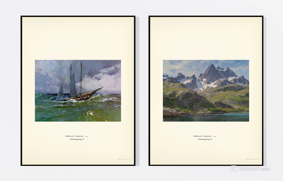 Vintage Art Prints Featuring Sailing Ship On Sea And Snowy Mountain Landscape 3d model 