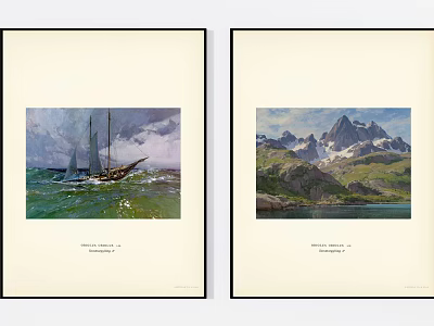 Vintage Art Prints Featuring Sailing Ship On Sea And Snowy Mountain Landscape 3d model