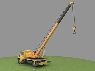 Yellow Heavy Duty Crane Truck With Long Boom And Hook On Green Grass 3d model