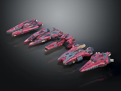 Multiple Red Sci Fi Spaceship Models With Various Design Styles On 3d model