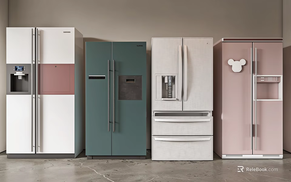 Stylish Modern Refrigerators In Various Colors And Designs For Showroom 3d model 