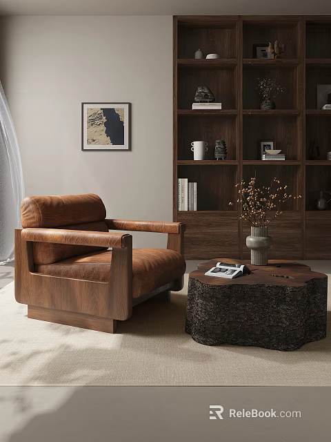 Brown Leather Single Sofa In Living Room With Wooden Bookshelf Coffee Table And Wall Painting 3d model 