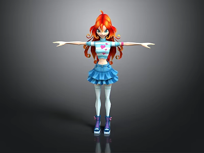 Child 3D Character with Red Long Hair Blue White Striped Top Blue Skirt Arms Outstretched 3d model