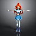 Child 3D Character with Red Long Hair Blue White Striped Top Blue Skirt Arms Outstretched