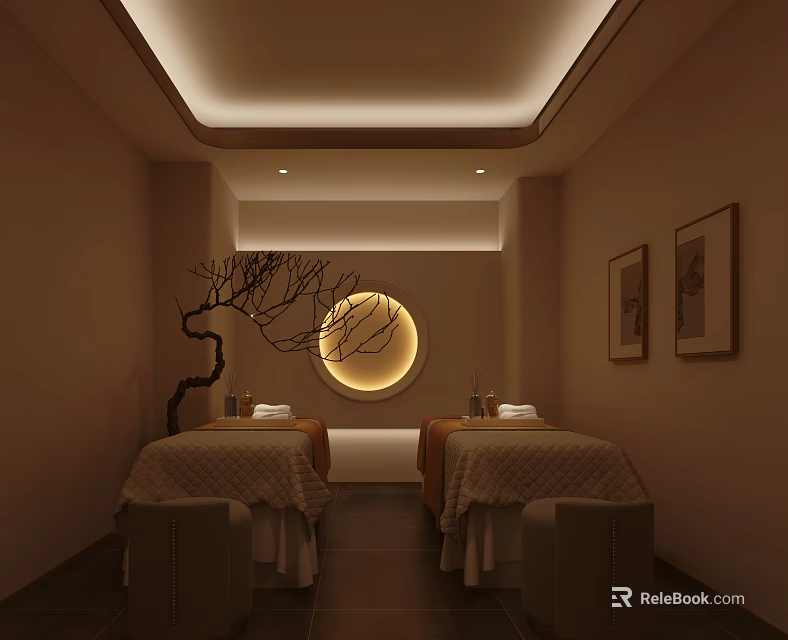 Relaxing Beauty Salon Treatment Room With Massage Beds Soft Lighting And Warm Tones 3d model 