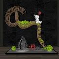 Interior Landscape Design With Golden Wave Structure Green Plants White Rabbit And Red Balloon