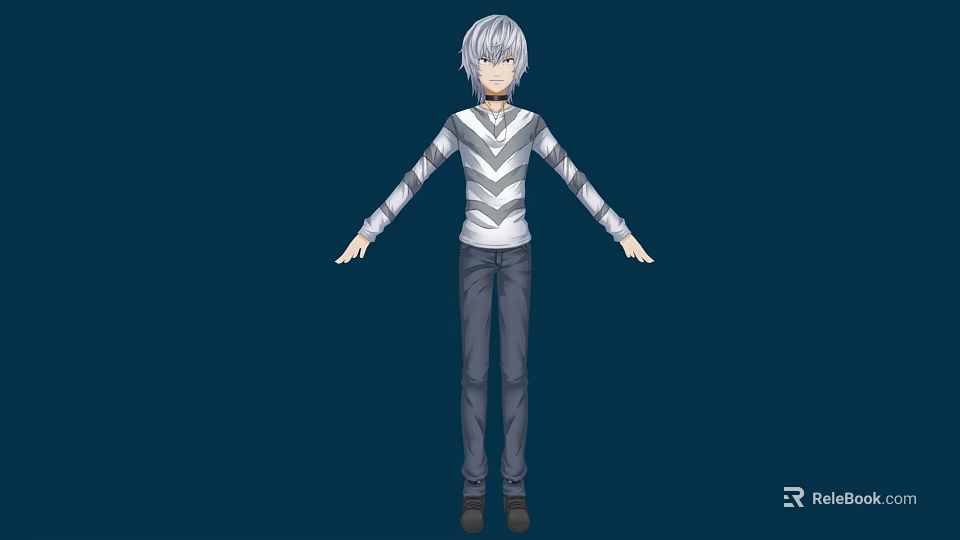 White Haired Man Wearing Gray White Striped Shirt Dark Pants Arms Outstretched Dark Blue Background 3d model 