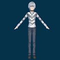 White Haired Man Wearing Gray White Striped Shirt Dark Pants Arms Outstretched Dark Blue Background