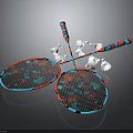 Colorful Red And Blue Badminton Rackets With Crossed Design And Shuttlecocks
