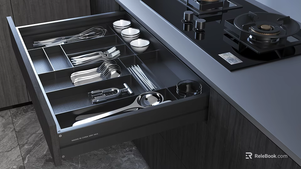 Organized Kitchen Cabinet Drawer With Divided Compartments For Utensils And Bowls 3d model 