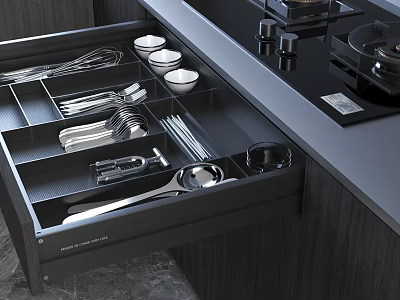 Organized Kitchen Cabinet Drawer With Divided Compartments For Utensils And Bowls 3d model