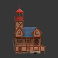 Cartoon Scene Featuring Charming Multi Story Wooden House With Red Lighthouse And Blue Roof