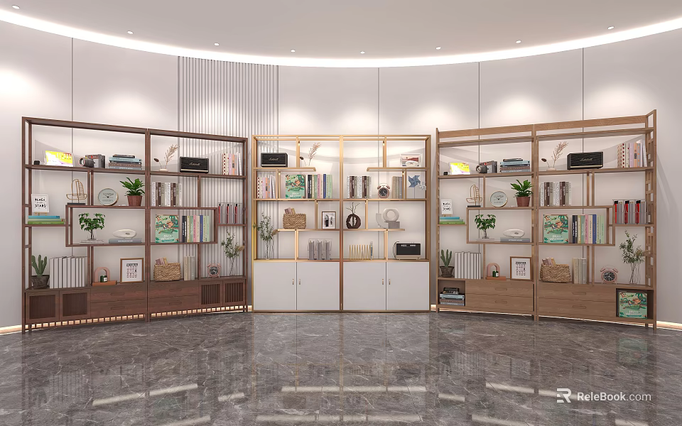 Modern Open Bookcases With Shelves Displaying Books Decorations Plants And Photo Frames 3d model 