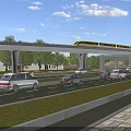Elevated Bridge with Yellow Train Over Road with Cars Near Trees Houses Under Blue Sky