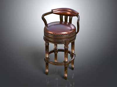 Traditional Wooden Frame Bar Stool With Leather Upholstered Seat Curved Legs And Armrests 3d model