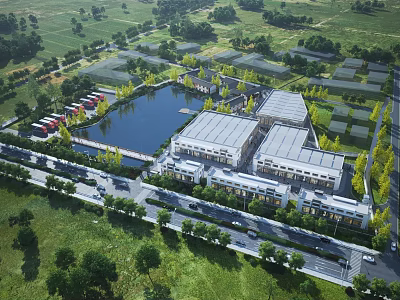 Aerial Planning Of Modern Buildings Central Lake Road Network And Green Areas 3d model