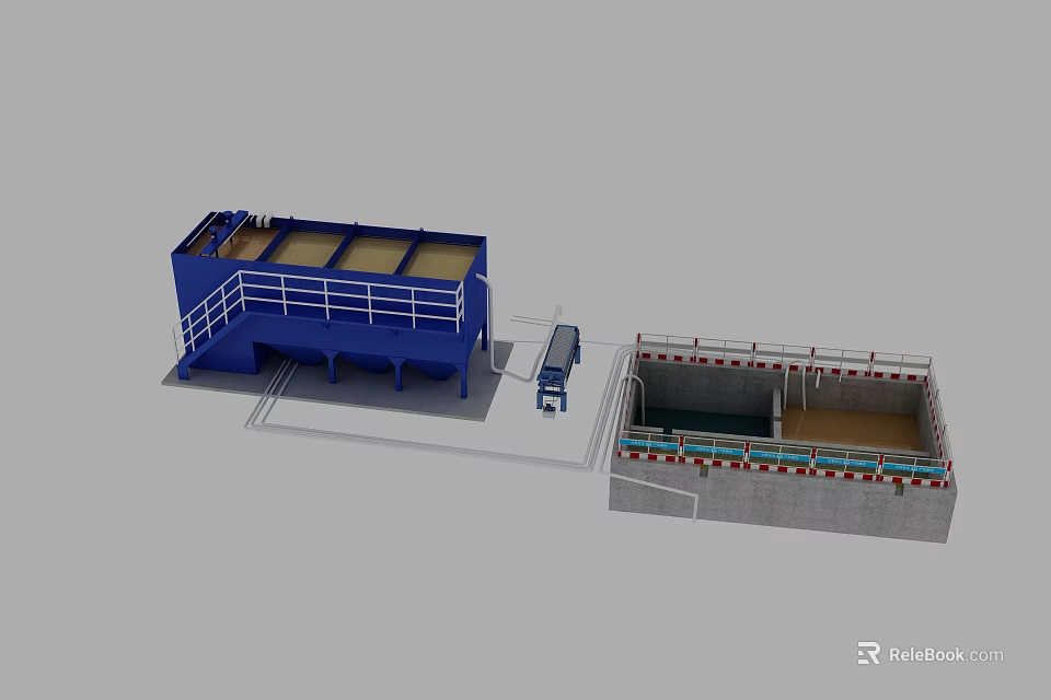 Industrial Plant Featuring Blue Equipment Sunken Structure Railing and Control Cabinet 3d model 