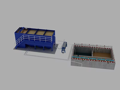 Industrial Plant Featuring Blue Equipment Sunken Structure Railing and Control Cabinet 3d model
