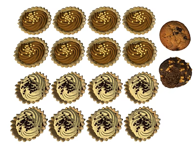 Assorted Tasty Cupcakes With Golden Frosting Chocolate Sprinkles And Cookies Arranged 3d model