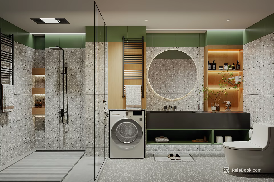Modern Bathroom Interior Design With Glass Shower Round Mirror Green Cabinets And Washing Machine 3d model 
