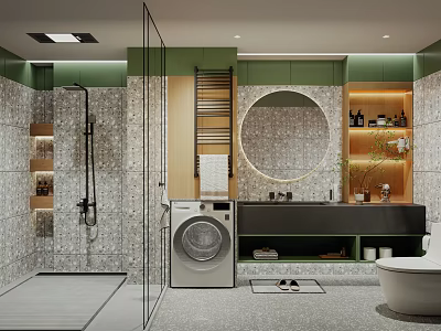 Modern Bathroom Interior Design With Glass Shower Round Mirror Green Cabinets And Washing Machine 3d model