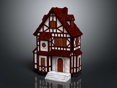 Traditional Half Timbered House With Red Brown Roof White Walls And Wooden Frames 3d model