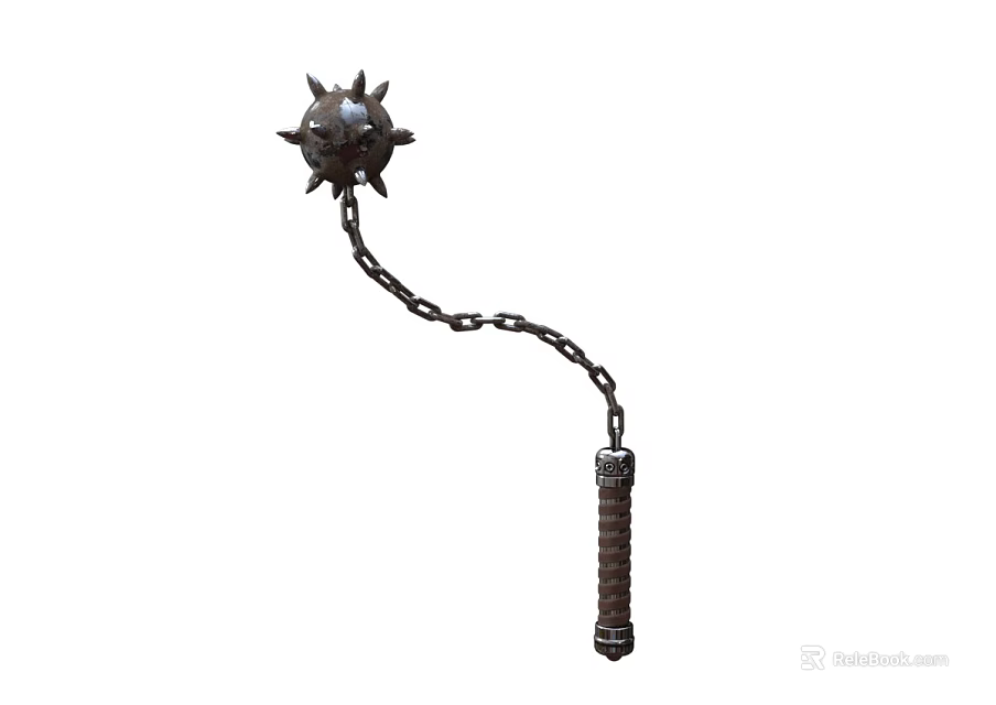 Medieval Spiked Metal Ball Flail Weapon With Linked Chain And Wooden Handle 3d model 