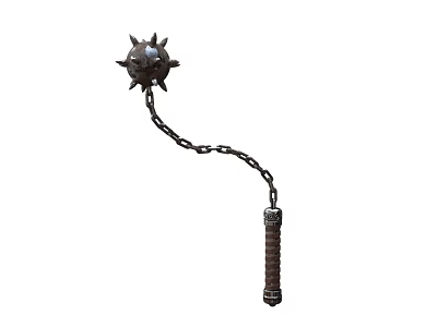 Medieval Spiked Metal Ball Flail Weapon With Linked Chain And Wooden Handle 3d model