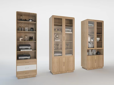 Modern Wooden Bookcases With Glass Doors And Books Decorative Items 3d model