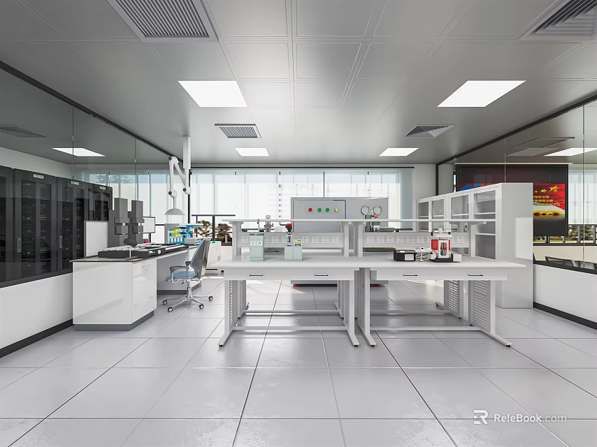 Modern White Laboratory Interior With Lab Tables Scientific Equipment Cabinets And Natural Light 3d model 