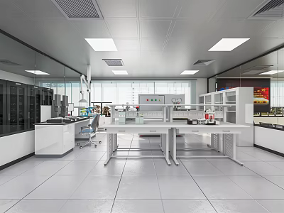 Modern White Laboratory Interior With Lab Tables Scientific Equipment Cabinets And Natural Light 3d model