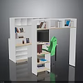 Functional White Study Desk With Green Chair And Storage Shelves 3d model
