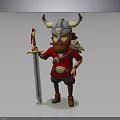 Cartoon Viking Warrior With Horned Helmet Red Beard And Small Creature Holding Sword