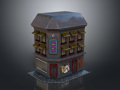 Cartoon Scene Two Story Shop Building With Brown Roof Green Awnings Red Door Display Window 3d model