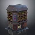 Cartoon Scene Two Story Shop Building With Brown Roof Green Awnings Red Door Display Window